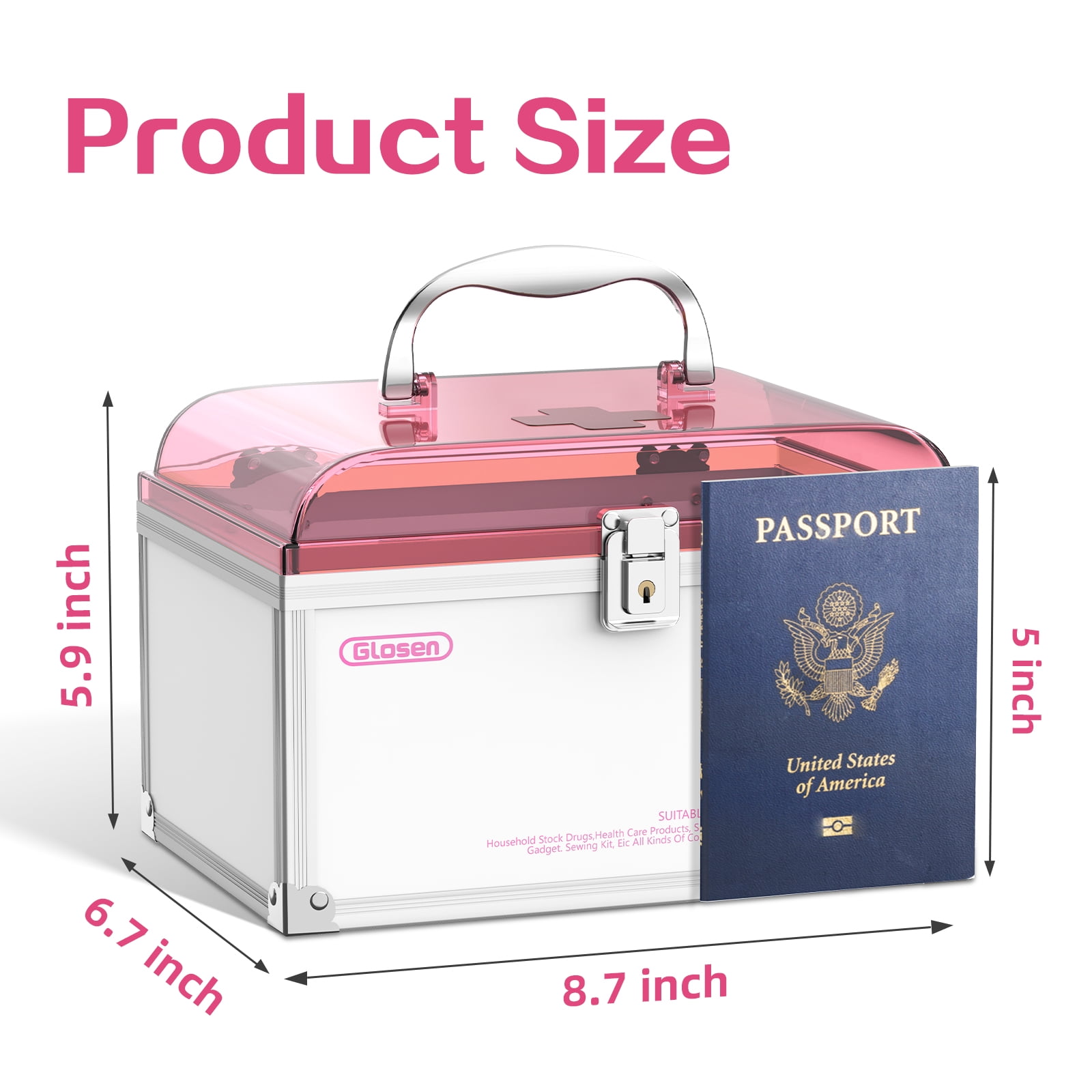 Glosen Medicine Lock Box with Key,Pink,8.46 * 5.87 * 5.51 Inch,Locked Medicine Box with Child Safe Lock