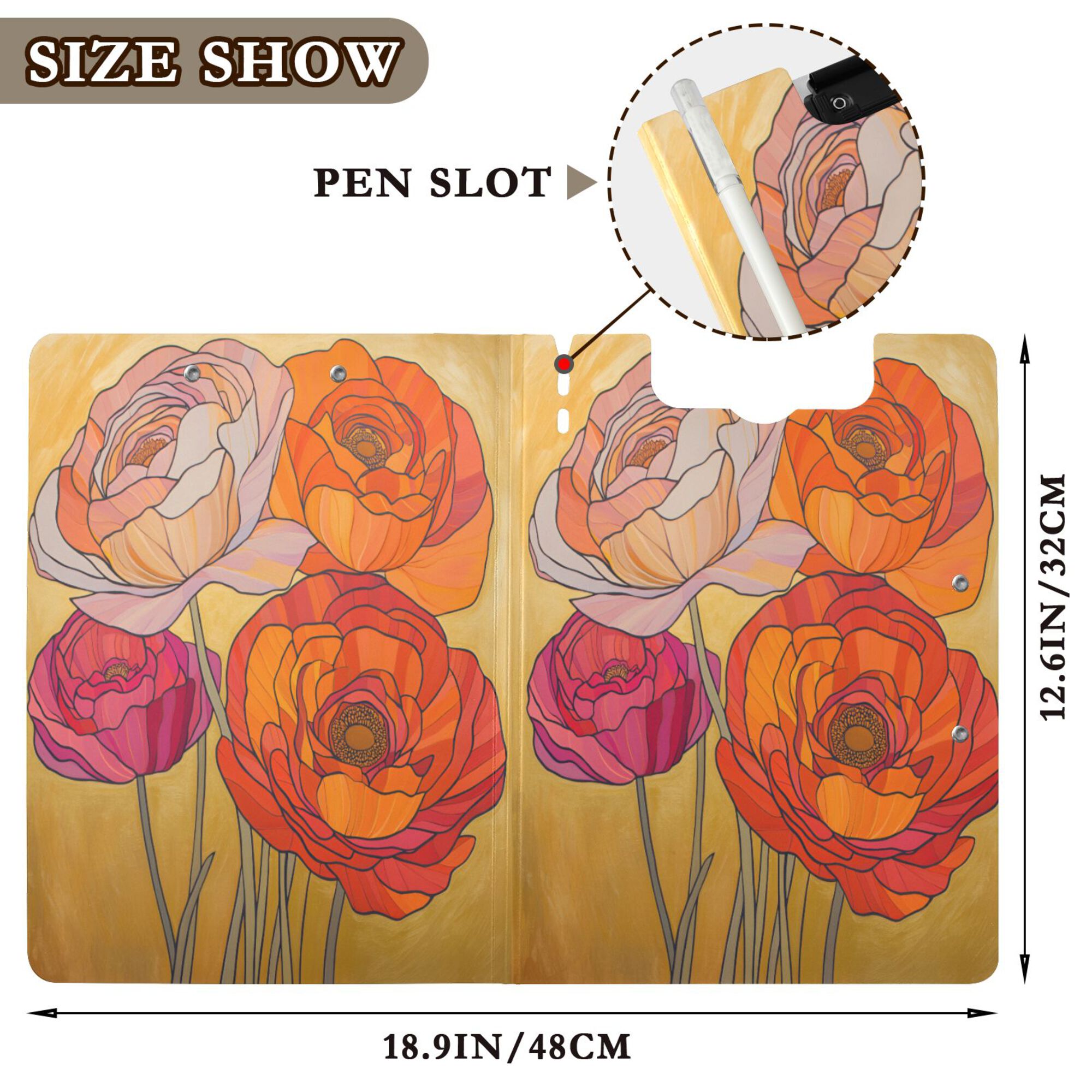 FORMRS A4 Clipboard Folder with Pen Holder Horizontal Foldable School Office Binder, Orange Abstract Floral