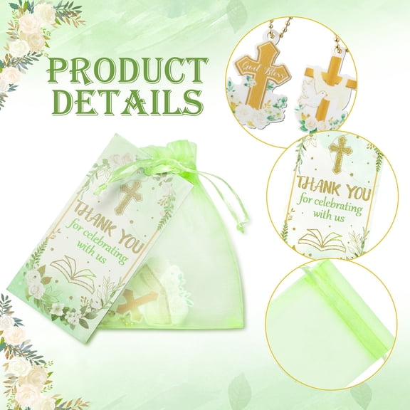 2ooya Christian Party Favor Set, Green Flower Cross Keychain with Thank You Card for Easter Party Gifts,72pack