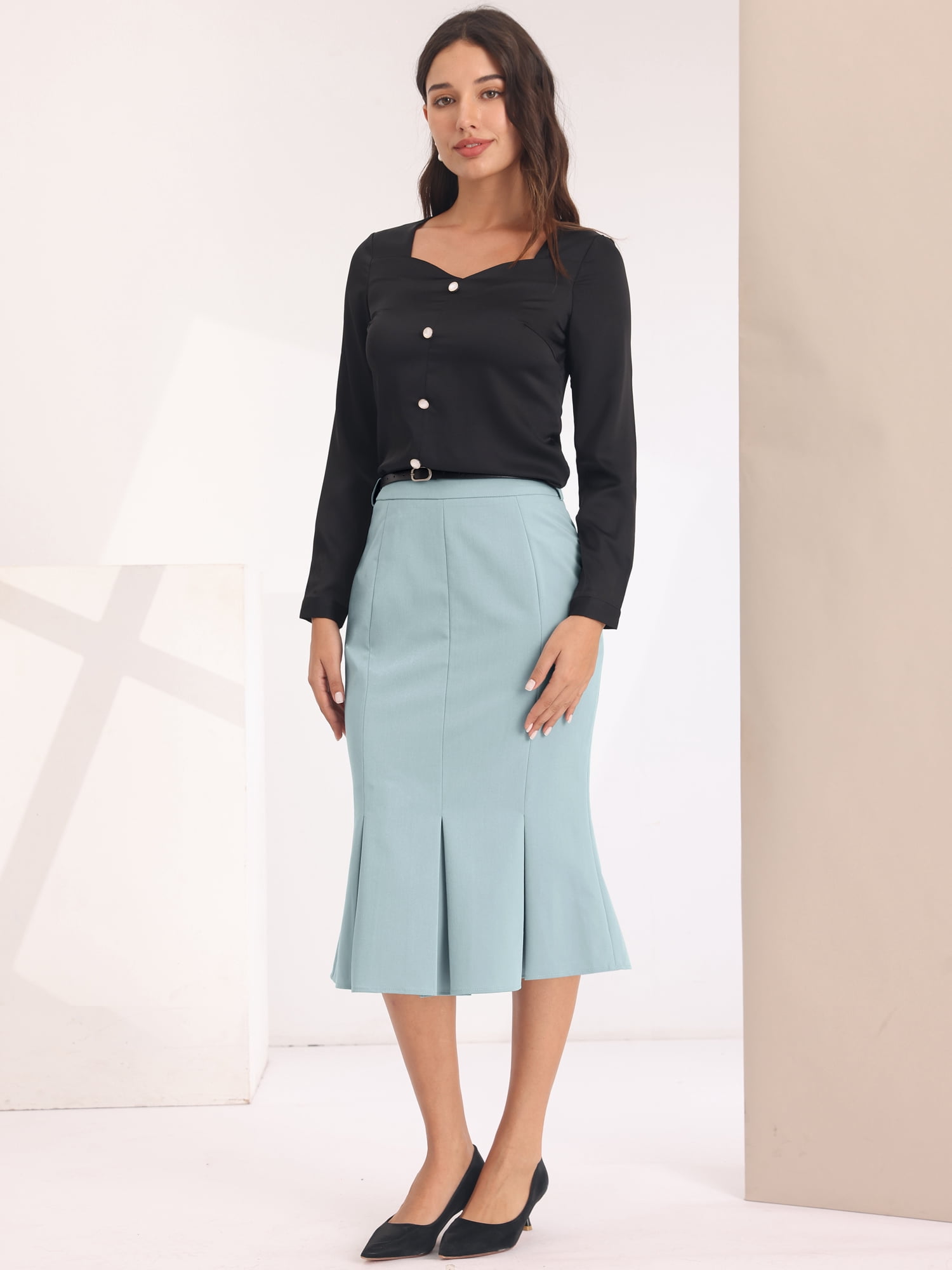 DARING DIVA Women's Elegant Knee Length Fishtail Pencil Skirt M Light Grey Blue