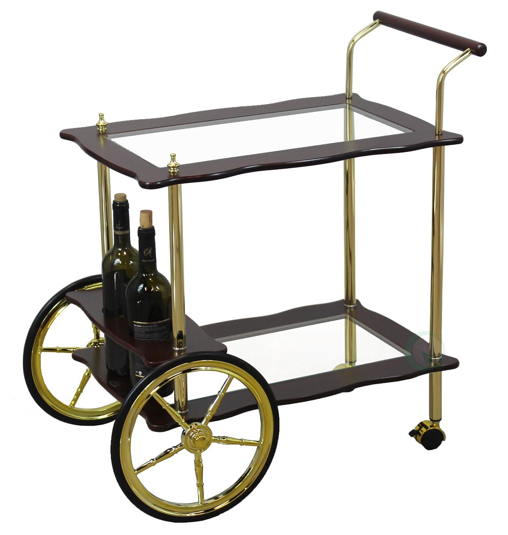 2Tier BrassWood Serving Tea Cart With Clear Tempered Glass