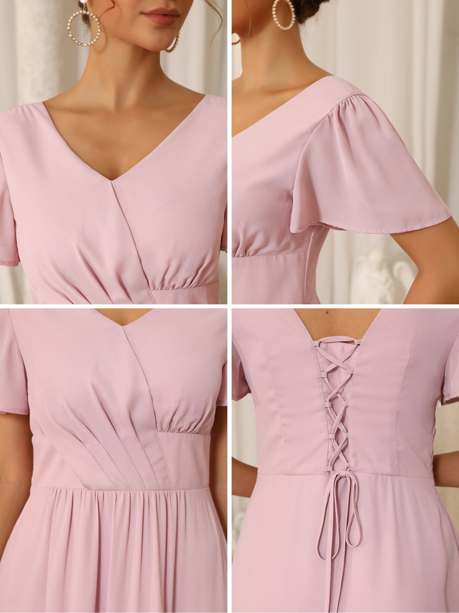 DARING DIVA Women's Bridesmaid Dress Chiffon Long Pleated Maxi Dresses S Pink