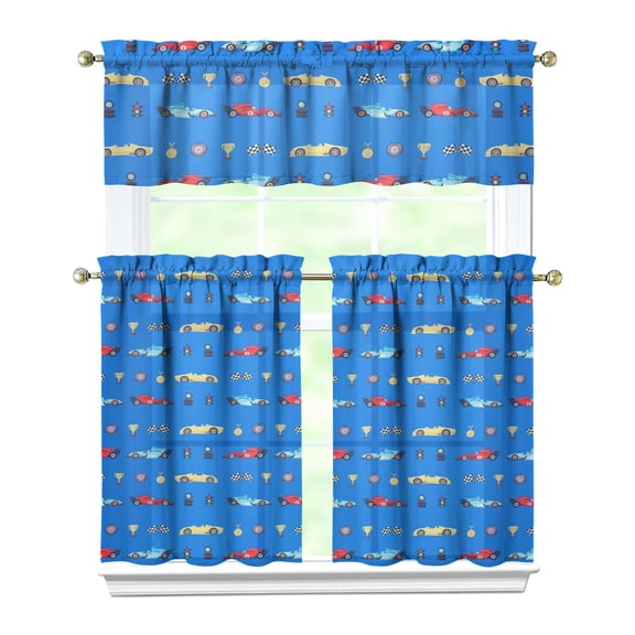 Cartoon Construction Vehicle Kitchen Curtains Set for Boys, Fire Truck Excavator Tractor Car Tier and Valance, Light Filtering Rod Pocket Curtains for Toddler Nursery Windows