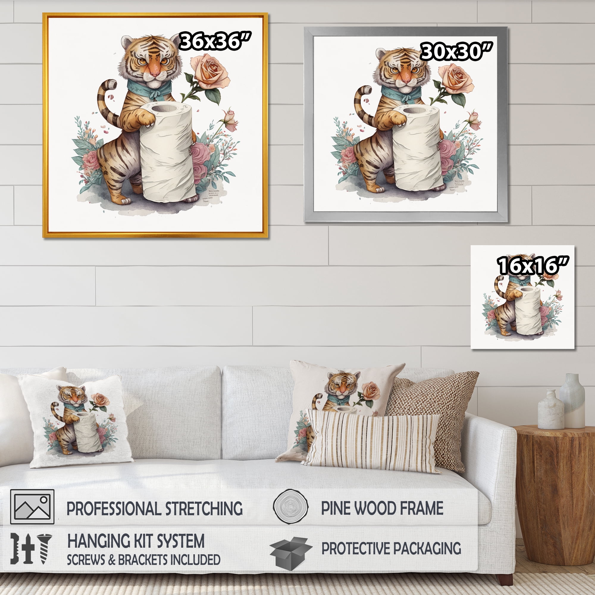 Designart Tiger With Roll Of Toilet Paper And Flowers I Canvas Wall Art