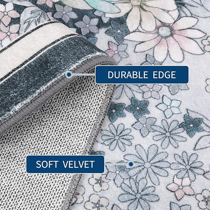 9'x 12' Runner Rug for Hallways Kitchen Non Slip Washable Rugs with Rubber Backing Soft Floral Carpet Runner for Hallways, Kitchen, Laundry, Bedroom, Bathroom-Gary BLue