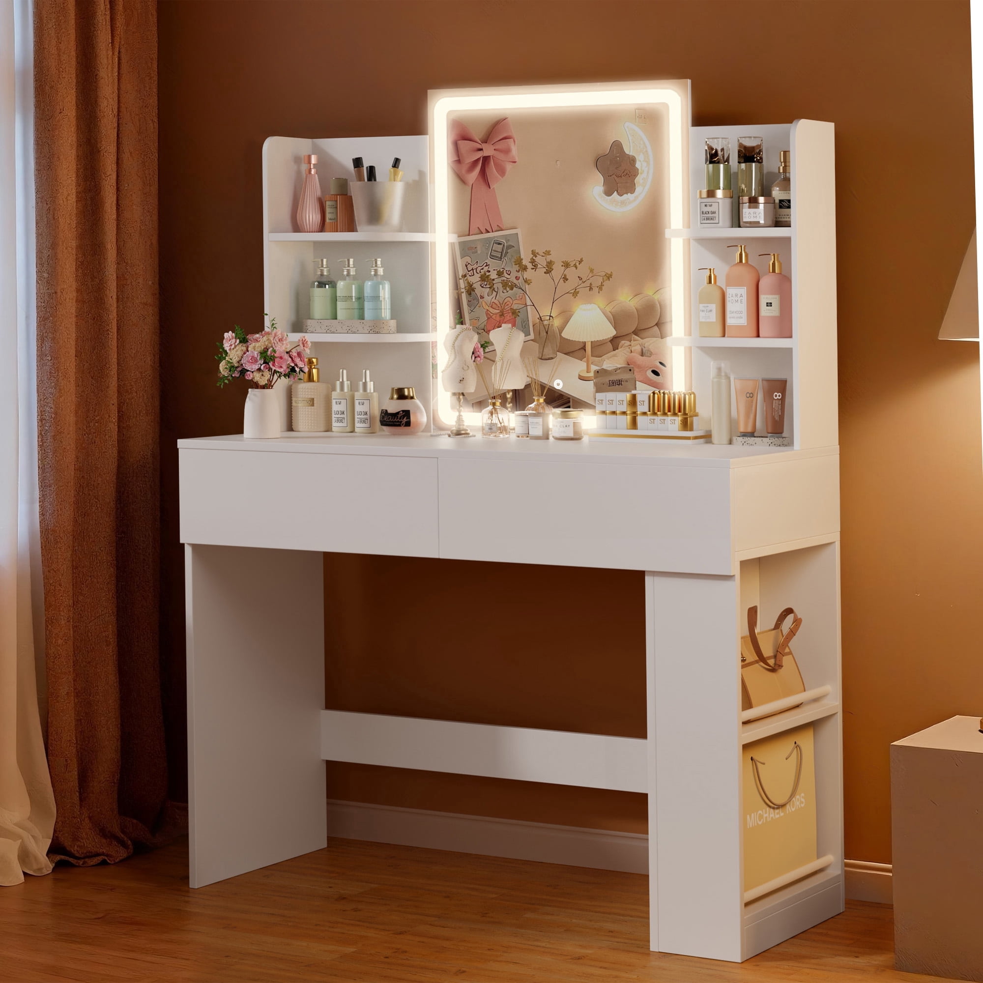 Homall Vanity Desk with 3 Colors LED Lighted Mirror, Makeup Vanity with Storage Shelves and Drawers, Vanity Table Dressing Table for Bedroom, White