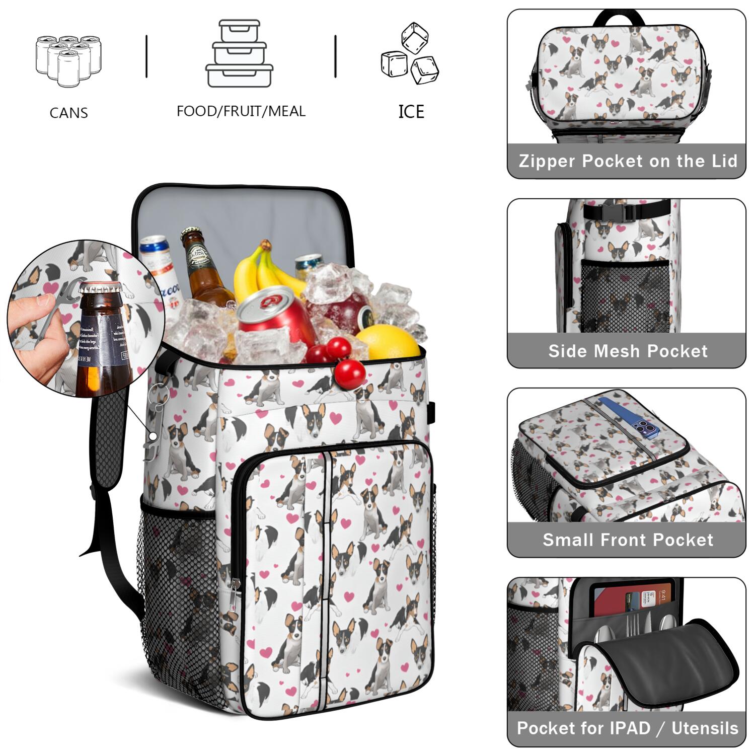 Travel Cooler Bag - Dog Pattern with Hearts Camping Beer Cooler Backpack with Bottle Opener- Waterproof Insulated Picnic Backpacks - Cooler Bag for Beach