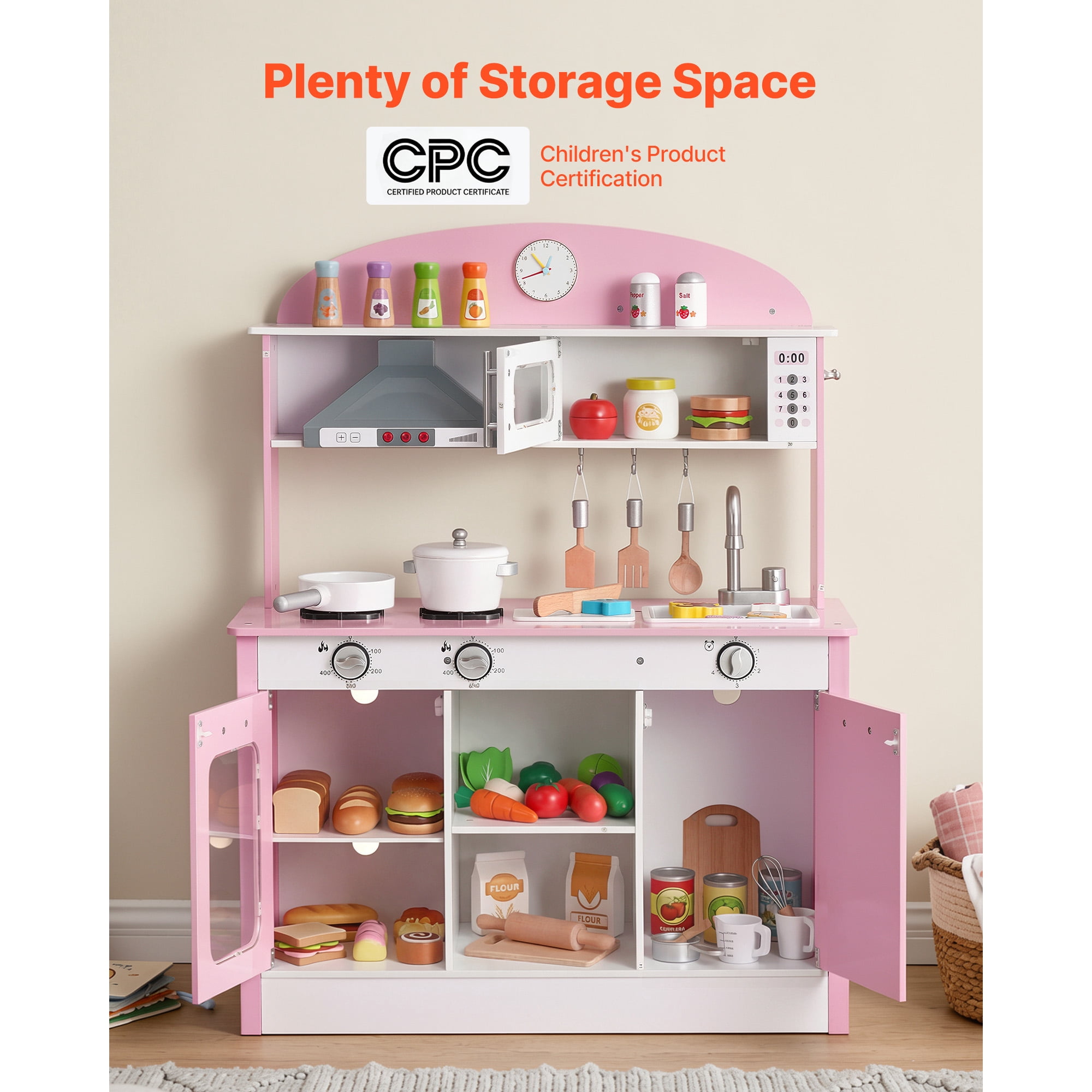 KFFKFF Wooden Play Kitchen for Kids, Pretend Play Set with Lights & Sounds, Includes Food & Cookware Accessories, Range Hood, Microwave, for Toddlers Ages 3-8, Pink