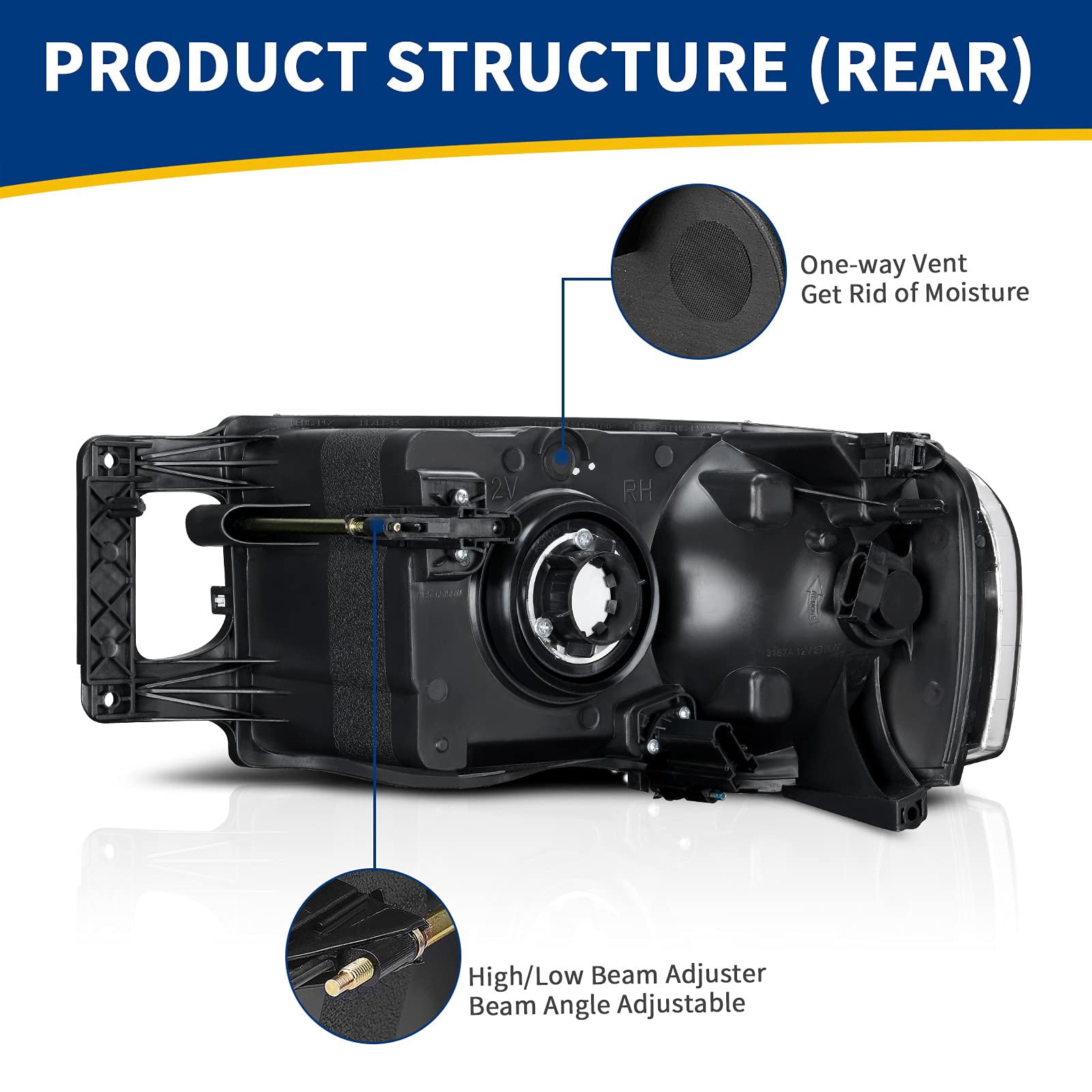 RVNI Pair Headlights For 2002-2005 Dodge Ram 1500 2500 3500 Black Housing Headlamps