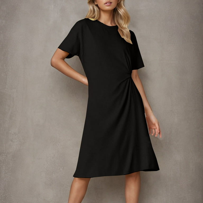 Black Dress Loose Fitting Short Dresses Summer Dress For Women Short Sleeve Loose  Fit Casual Crew