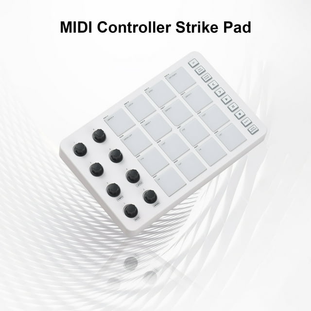 Controller MIDI Controller Strike Pad RGB Backlight MIDI Keyboard BT Connection Low Latency 3.5mm Output Interface ith 16 Strike Pads 8 Assignable Knobs Note Repeat Portable MIDI