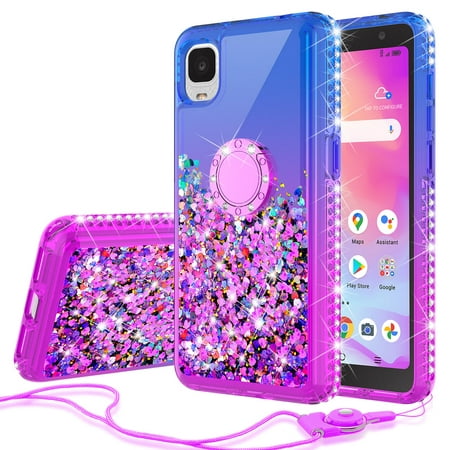 Liquid Quicksand Glitter Cute Phone Case for Alcatel TCL A3 A509DL / TCL A30 Case Ring Kickstand for Girls Women Clear Bling Diamond Phone Case Cover - Purple/Blue