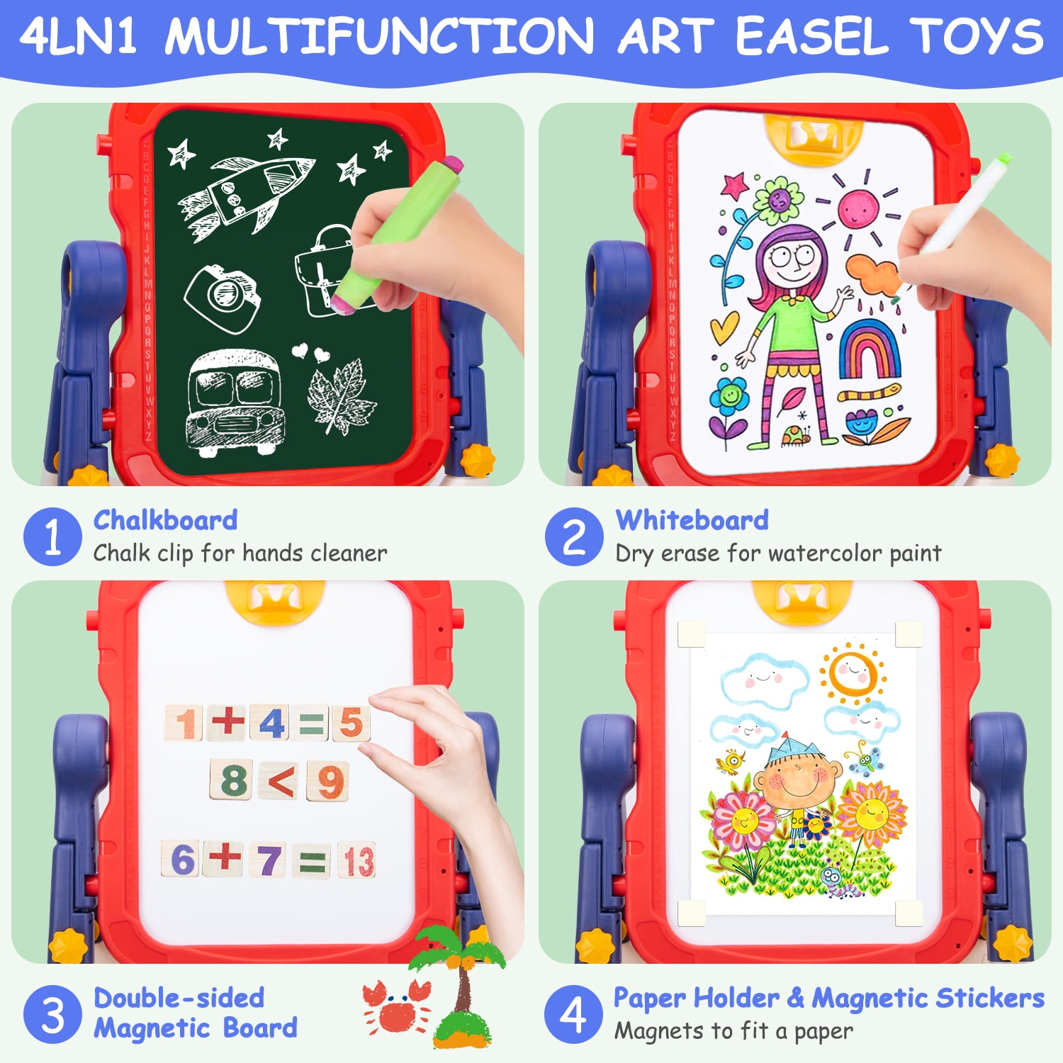 Xueyu Art Easel for Kids, Double Sided Kids Art Easel with Magnetic White Board Chalk Board, Adjustable Standing & Rotatable Toddler Easels with Drawing Accessories, Gift for Boys and Girls-Blue