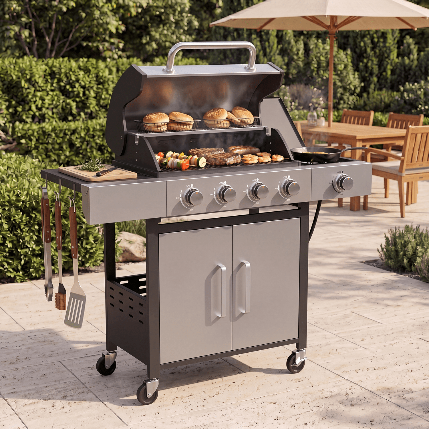 Clouddwell 4 Burner Gas Propane Grill, with 4 Casters, Side Table, and Thermometer, Patio Garden BBQ Grill Perfect for Camping, Silver