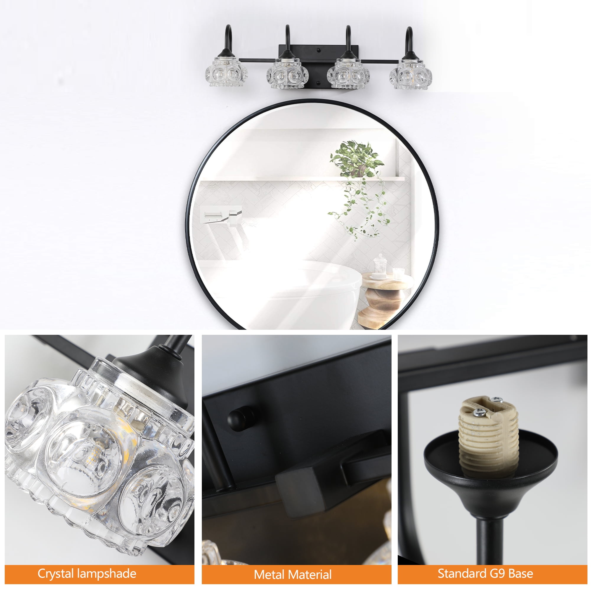 Miniyam Hard-Wired Vanity Light, 4-Light Bathroom Wall Sconce with Crystal Glass Shades, G9 Base, Black