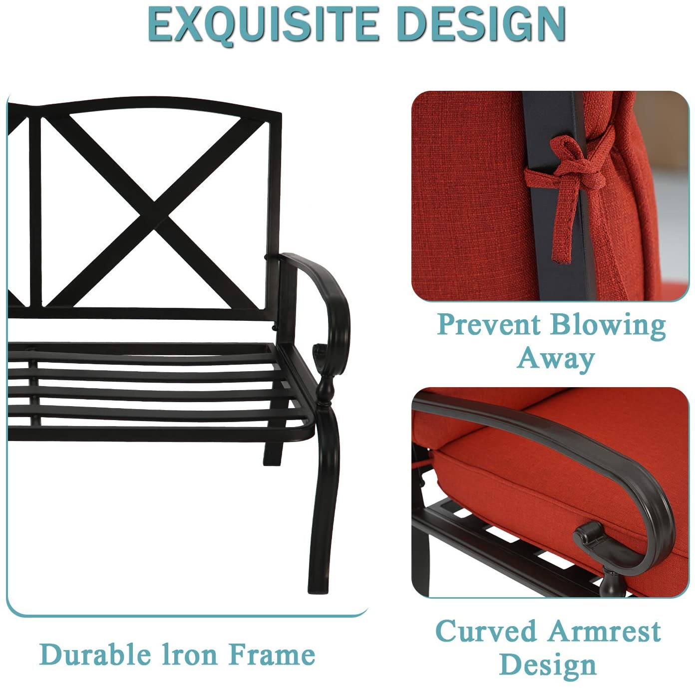 SUNCROWN 2-Piece Patio Furniture Outdoor Loveseat Set Wrought Iron Frame Bench Sofa with Coffee Table, Red - image 2 of 6