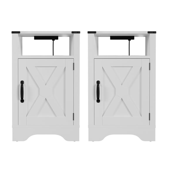 Farmhouse Nightstand with Charging Station - Rustic Bedside Table with Outlets - White End Table with Storage - Tall Side Table for Bedroom, Living Room White   Engineered Wood