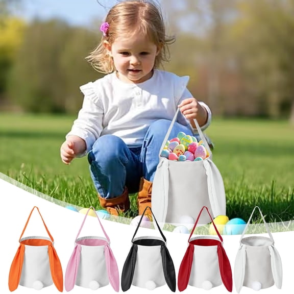 Easter Bunny Canvas Basket with Long Ears,Rabbit Tail & Handle,Cute Bucket Tote for Easter Egg Hunt & Gift Storage