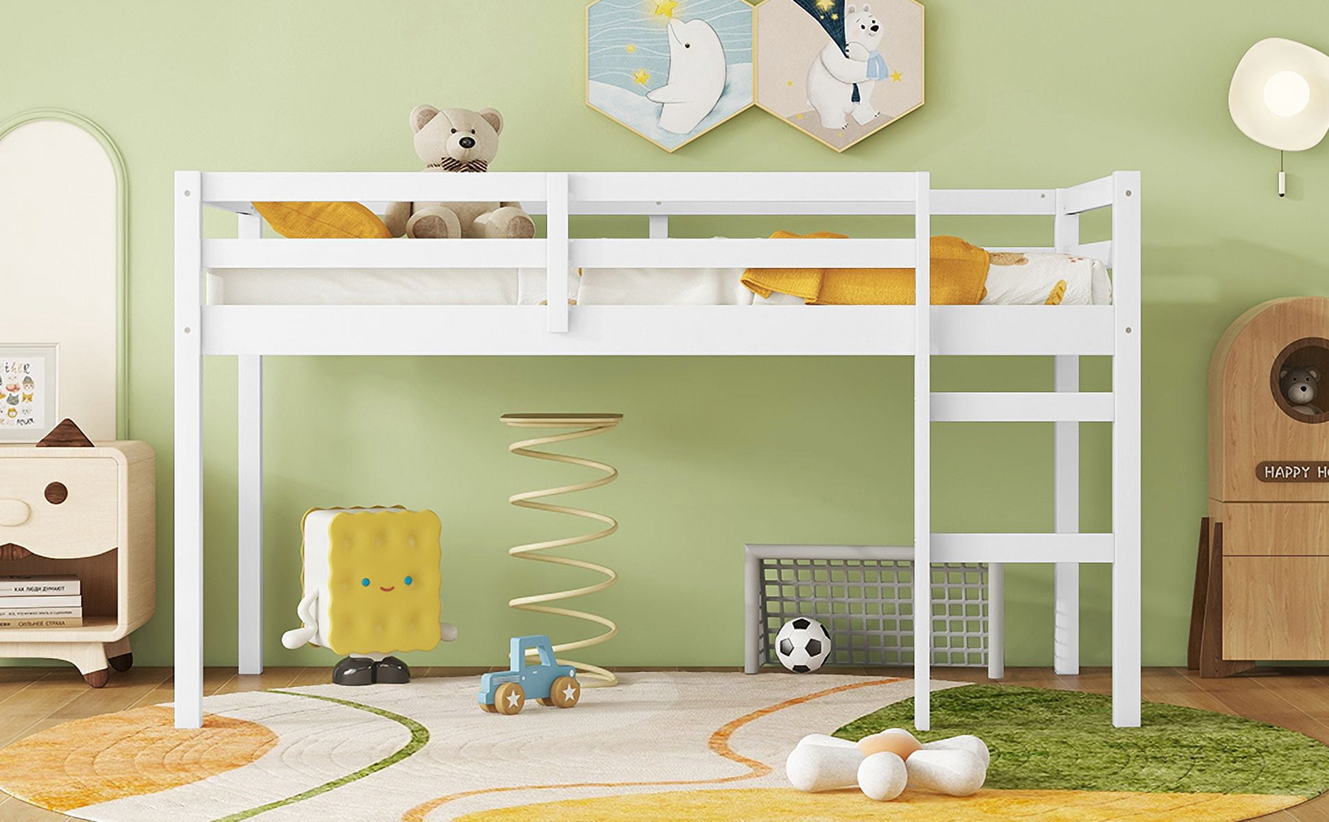 Solid Wooden, Rubber Wooden Twin Loft Bed with Ladder, Bed Platform of Strengthened Slats, White