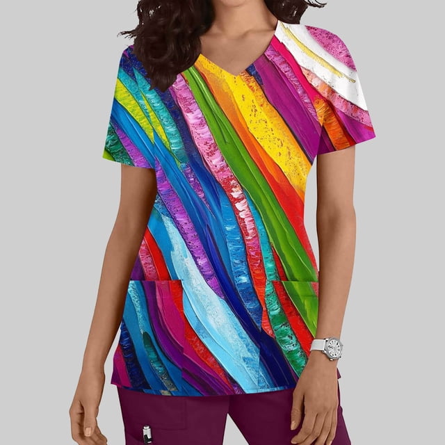 Puntoco Liquidación de blusas cortas para mujer, moda informal para mujer, cuello en V, estampado, manga corta, bolsillo, vestido de enfermera
