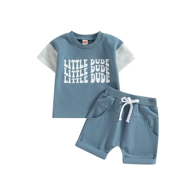 ZAXARRA Baby Boy Summer Outfits, Short Sleeve Contrast Color Letter Print Tops + Pocket Shorts Set