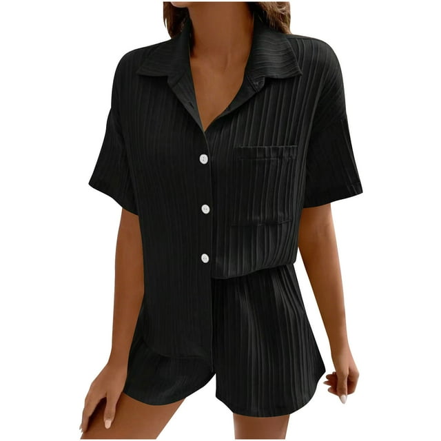 biudgviw Womens 2 Piece Outfits Short Sleeve Lounge Set Comfy Textured Lapel Button Down Shirts and Shorts Matching Set with Pocket