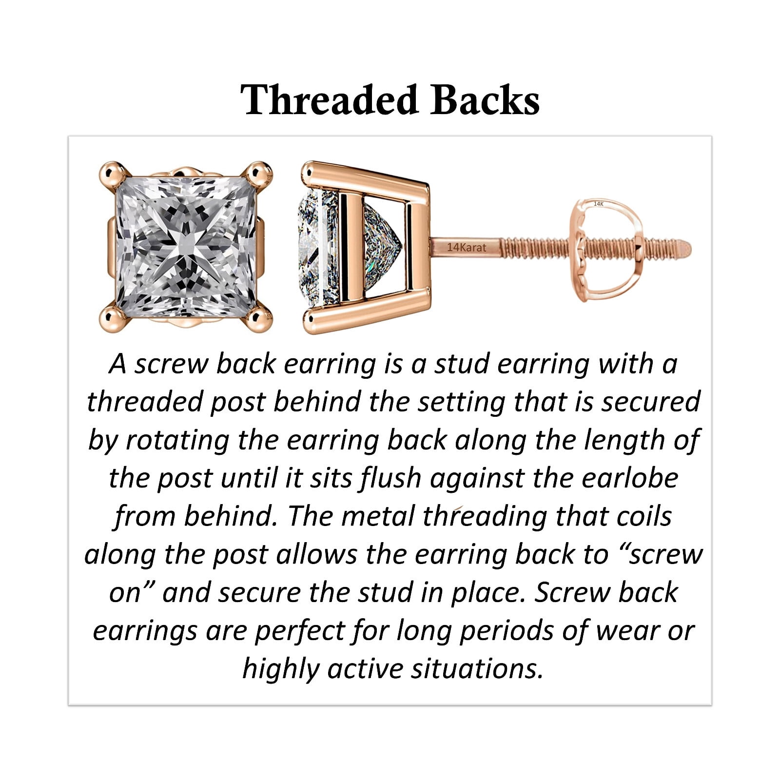 Princess Diamond Stud Earrings CVD Lab Grown, E-F Color VS-SI, 1.05ctw (1.05ctw to 1.09ctw) 14K Rose Gold Threaded