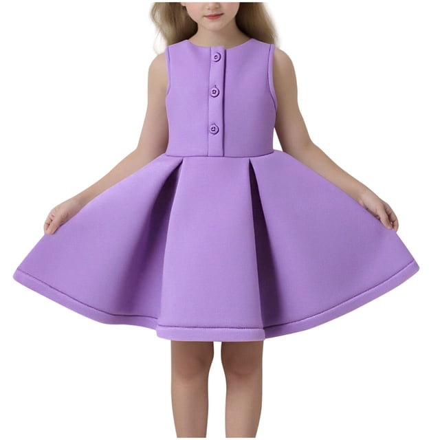 Floleo Robe Sans Manches à Volants pour Filles, Dentelle, Col Rond, Jupe d'Été Décontractée, Activités de Jeu, Coupe Confortable, Robe d'Été pour Enfants (Violet, 3-4 Ans)