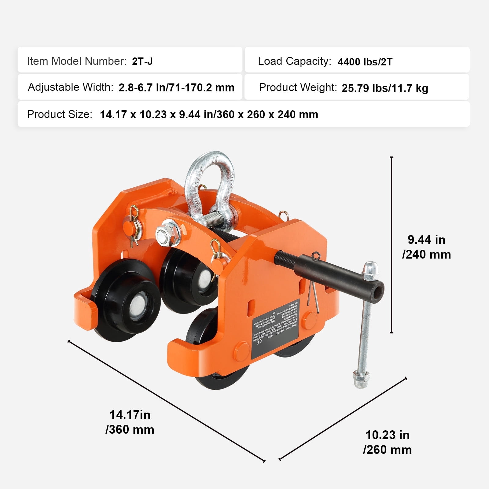 KFFKFF Hand-Operated Trolley, 2 Ton/4400 lbs Weight Limit, Dual-Wheeled Push Beam Trolley, Fits I-Beam Flange 2.8"-6.7", Durable Alloy Steel Construction