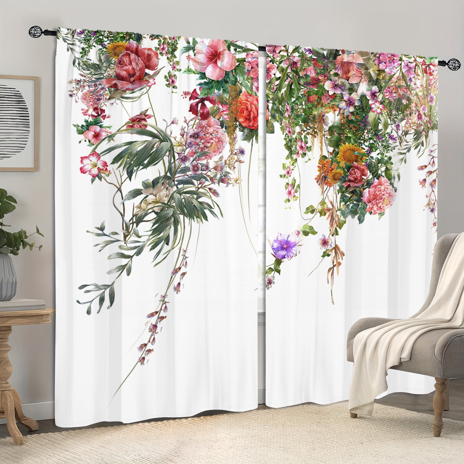 WNOOHIY Vibrant Floral Printed Rod Pocket Curtains for Bedroom,Dining Room, Living Room,2 Panels