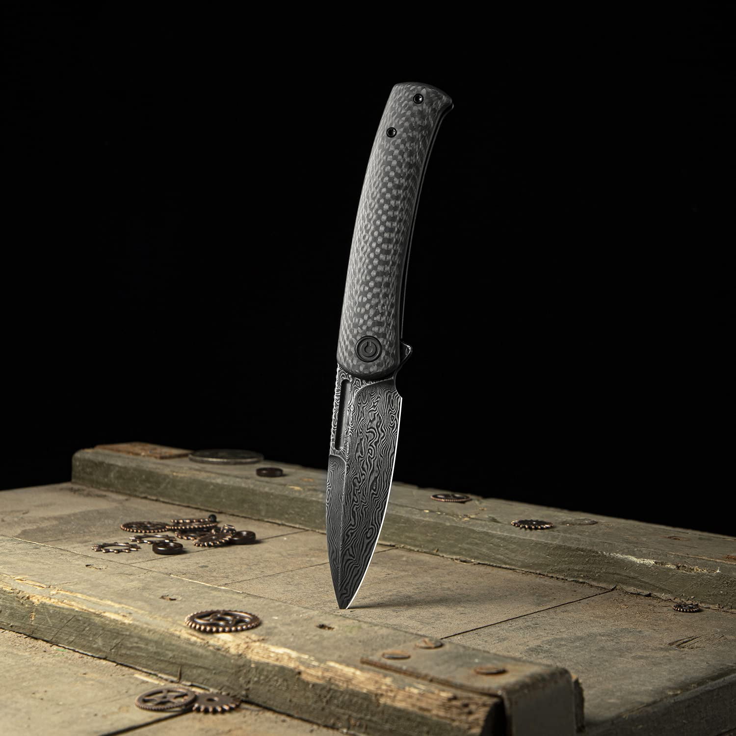 CIVIVI Cetos Folding Knife, 3.48-in Damascus Blade Spear Point with Twill Carbon Fiber Scale Frame Lock C21025B-DS1