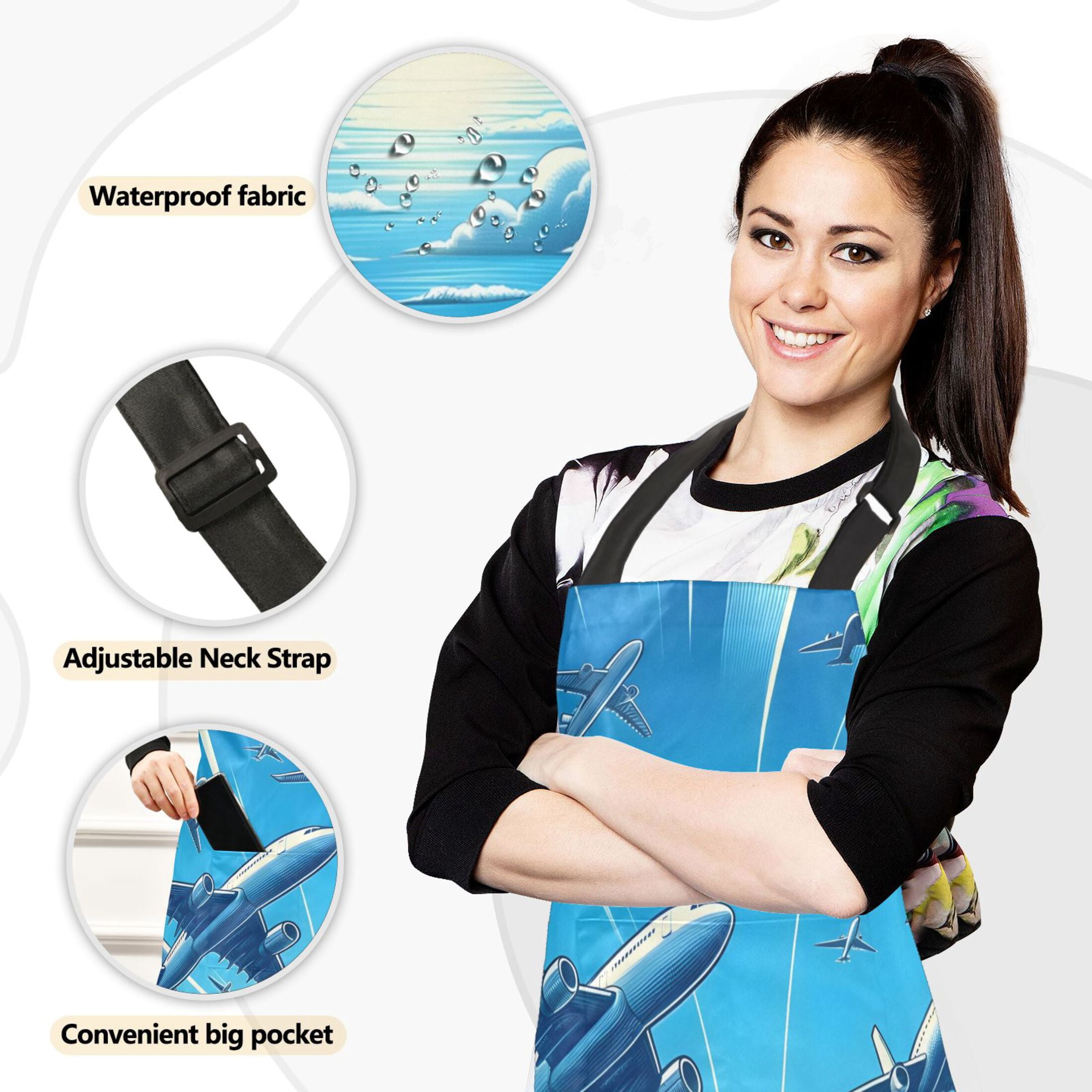 Airplanes Flying in Sky 5 Pcs Kitchen Set Heat Resistant Oven Mitts and Non-Slip Pot Holders with Adjustable Cooking Apron