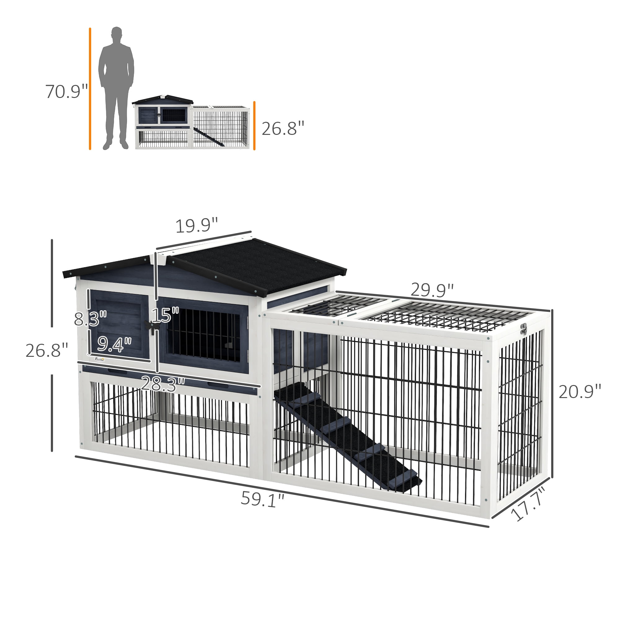 PawHut 2 Level 59" Outdoor Rabbit Hutch with Openable Top, Dark Gray