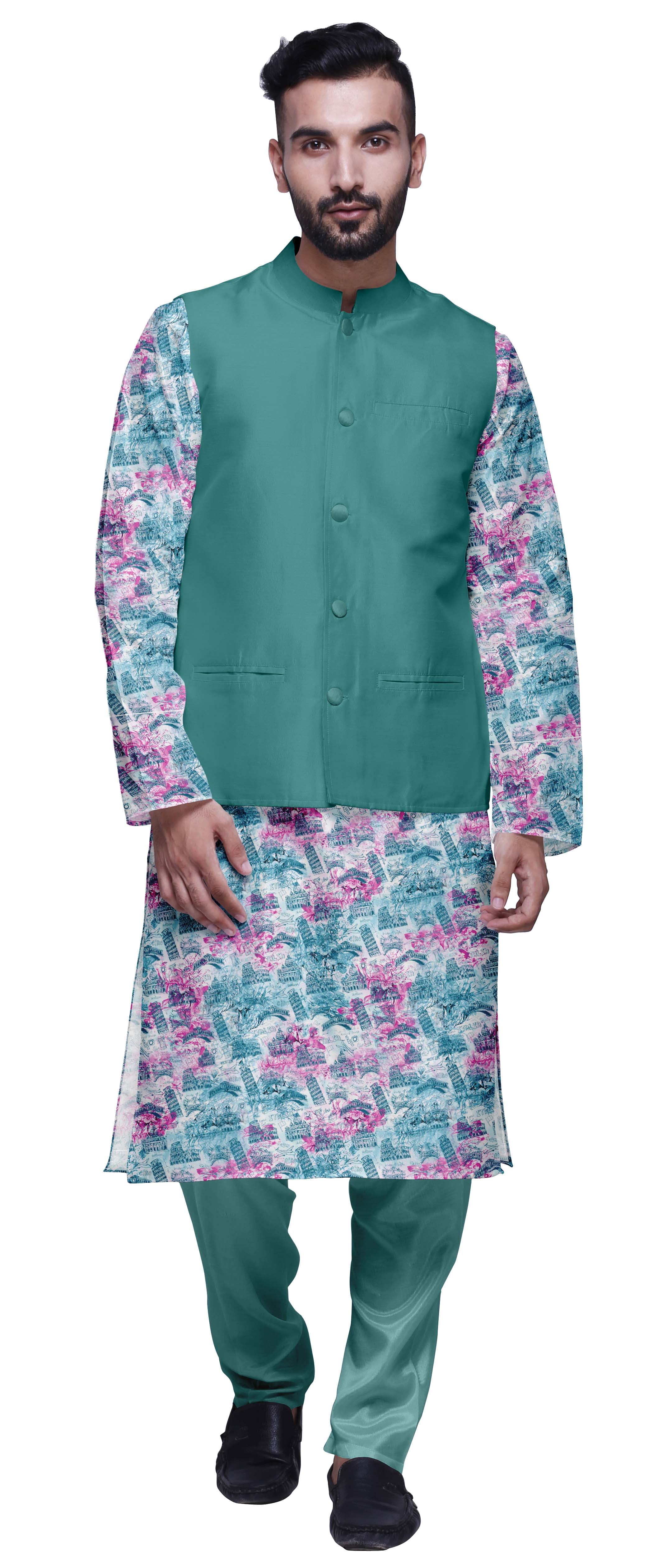Atasi Mandarin Collar Traditional Kurta Pajama With Solid Jacket Set