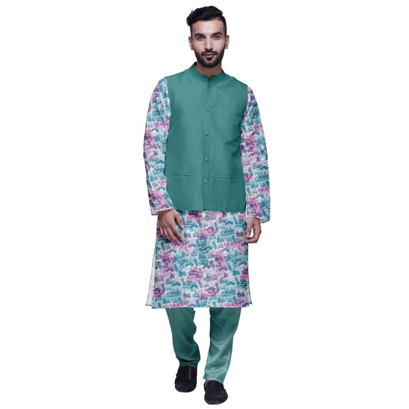 Atasi Mandarin Collar Traditional Kurta Pajama With Solid Jacket Set For Mens
