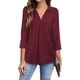 thumbnail image 1 of Blusa Cuello En V Manga 3/4 Color Puro para Mujer Camisa Plisada Suelta Casual para Verano Primavera Vino Rojo XL, 1 of 6