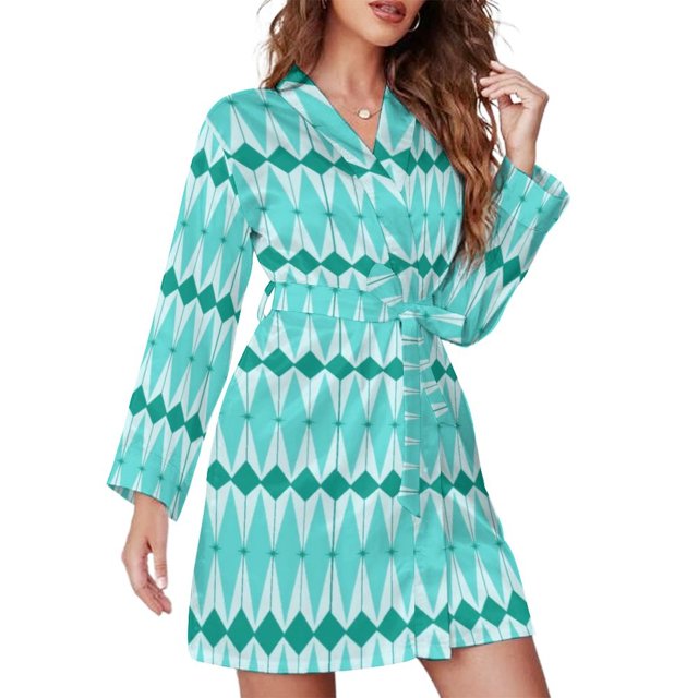 Mid-Century Print Pajama Robe V Neck Abstract Turquoise Retro Sleepwear Lady Long Sleeve Soft Pajamas Robes Spring Room Dresses