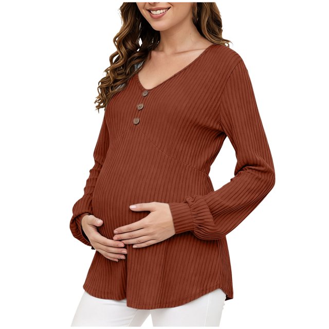 dmqupv Maternity Sweater Women's Maternity Shirts Ruched Drawstring Long Sleeve Knit Pregnancy Tops Brown,Size for S