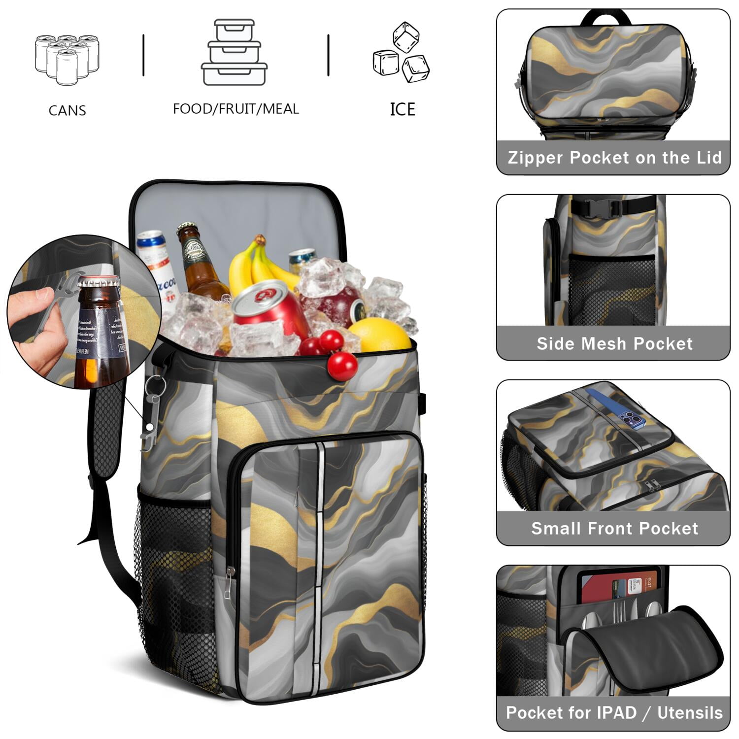 Travel Cooler Bag - Black White and Gold Marble Camping Beer Cooler Backpack with Bottle Opener- Waterproof Insulated Picnic Backpacks - Cooler Bag for Beach