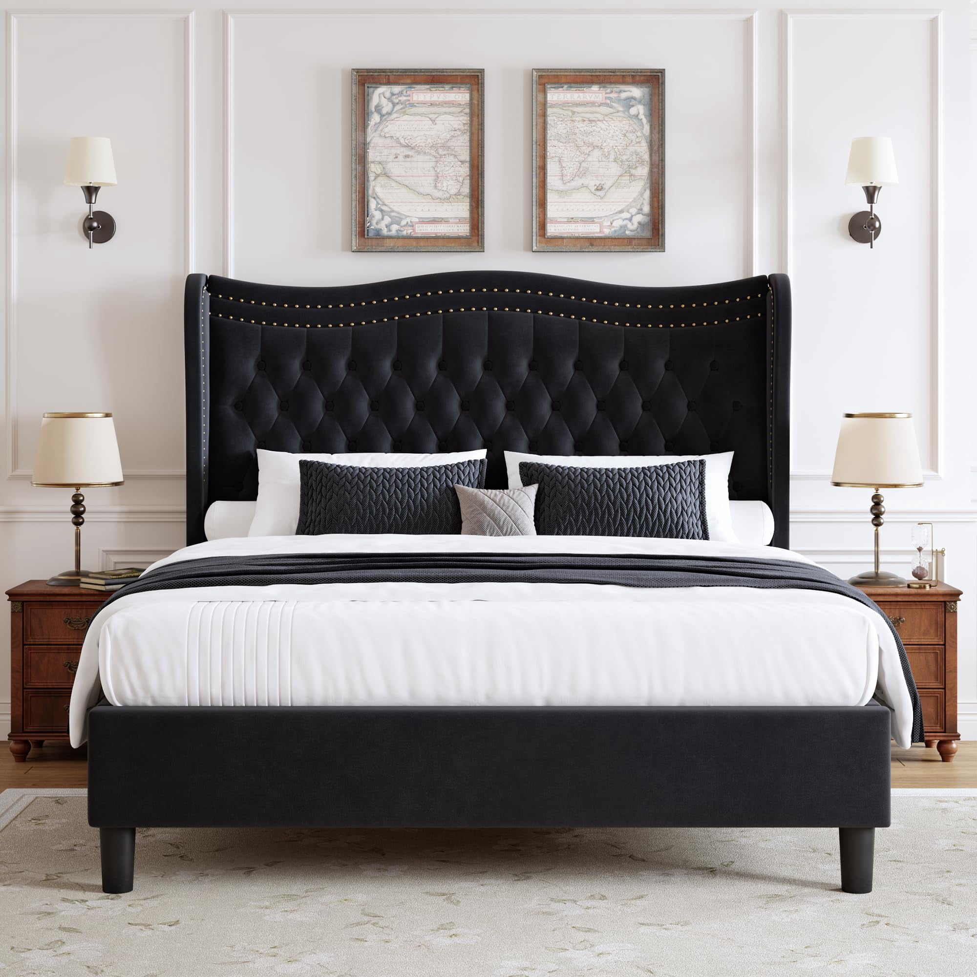 Miniyam Full Size Wingback Bed with 52" Velvet Upholstered Headboard, Nailhead Trim, Sturdy Wood Slats for Adults, Black