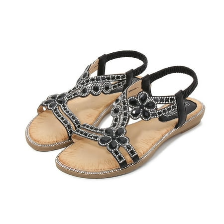 

Summer Saving Clearance Sandal MIARHB Ladies Bohemia Flower Rhinestone Flat Fish Toe Black 42