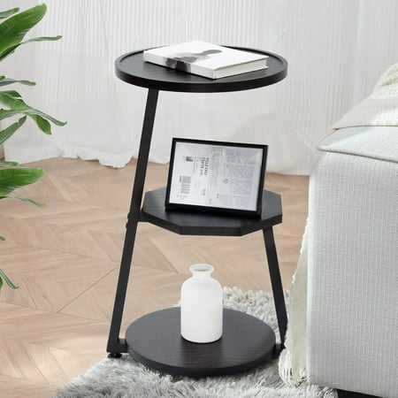 Small Round Side Table End Table with Solid Wood Tray Top Metal Frame 3-Tier Accent Couch Beside Table Nightstand for Bedroom Living Room Black