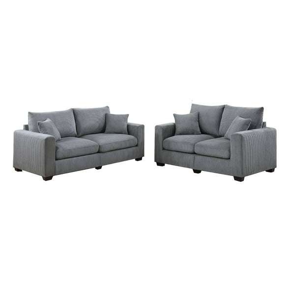 Jesica 2pc Loveseat n Sofa Set- 2 Accent Pillows- Gray Corduroy Fabric
