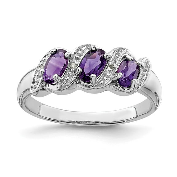 Sterling Silver Rhodium Amethyst & Diamond Ring - Size 6