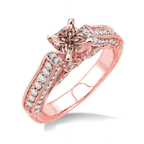 Antique milgrain 1.5 carat Princess cut Morganite and Diamond Engagement Ring 14k Rose Gold morganite & diamond engagement ring