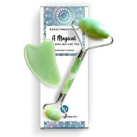 Jade Roller and Gua Sha Set for Beautiful Skin Detox - Facial Body Eyes Neck Massager Tool Reduce Wrinkles Aging - Original Natural Jade Stone Bag, Ebook Green