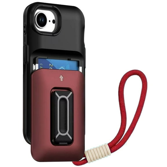 XPM for Apple iPhone 16e Phone Case, Wallet Case with 2- Credit Card Holder, Wrist Strap & Kickstand Hybrid Shockproof TPU Cover for Apple iPhone 16 E (6.1") (Black / Red)