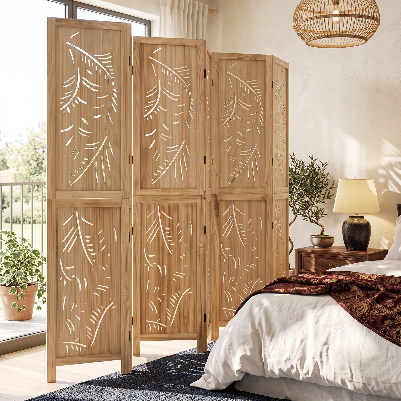 ALPULON 6-Panel Wooden Room Divider Freestanding Folding Privacy Screen with Palm Leaf Design and Paulownia Wood Frame for Home Office Bedroom, Natural