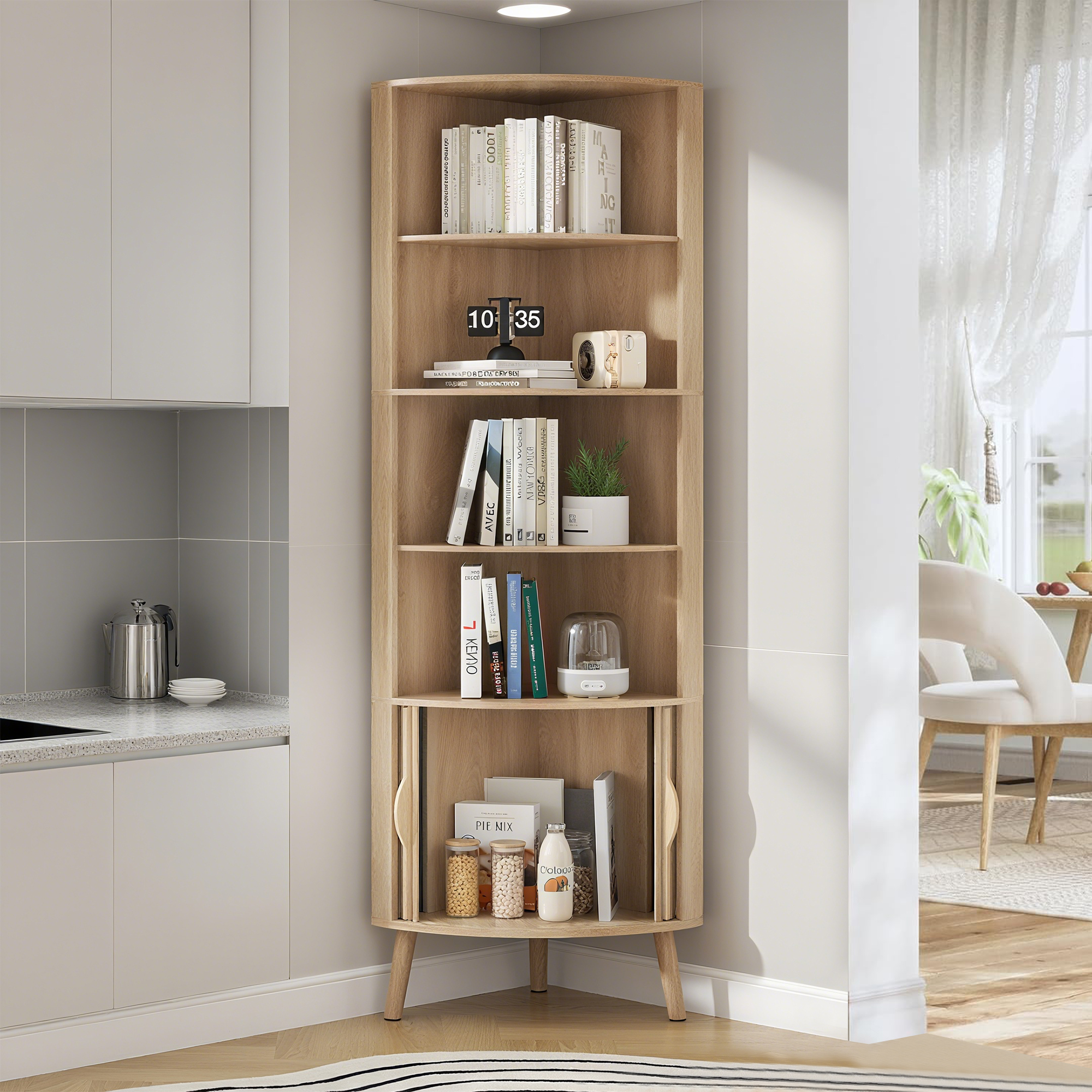 Bathroom Tall Corner Cabinet with Doors, Freestanding Corner Storage Cabinet for Kitchen, Living Room, Walnut