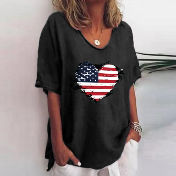 BRGZLK Women's V Neck T-Shirts Summer American Flag Printed Tees Casual Short Sleeves V Neck Loose Blouse Tops Black L